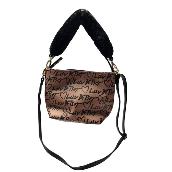 Betsey Johnson Shoulder Bag With Faux Fur Handle Adjustable Strap & Gold Hardwar - Picture 6 of 13